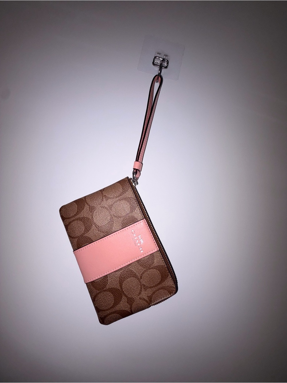 Coach Brown Signature Canvas Wristlet with Pink Leather Accent